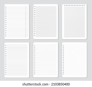 Squared notebook pages, lined paper sheets, notepaper. School notepad with lines or dots, blank memo papers, notebooks sheet vector set. Reminder or diary elements for writing information