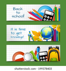 Squared notebook paper back to school education knowledge time banners set isolated vector illustration