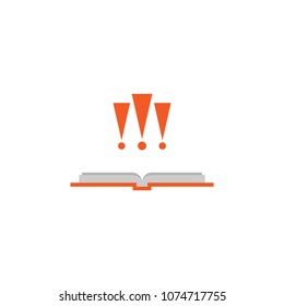 squared opened book with orange cover and three exclamation marks.  Isolated on white. Flat reading icon. Vector illustration. Education logo. Library pictogram. Warning icon. Attention.