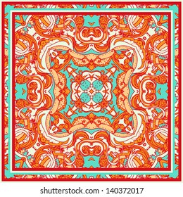 Squared ornamental floral paisley pattern. Good design for bandanna, carpet, shawl, pillow or cushion