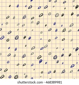 Squared paper with abstract scribbles. Seamless patterned texture