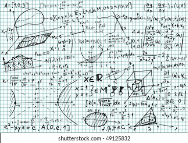 Squared paper with mathematical equations and sketches - vector illustration