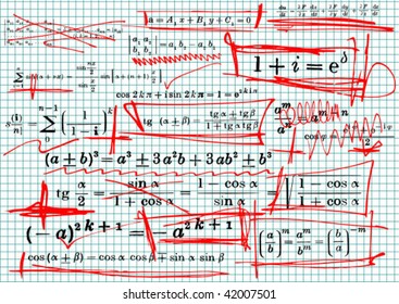 Squared paper with mathematics formula and red curves - vector illustration