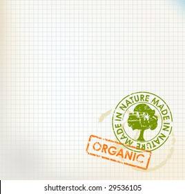 Squared paper with organic stamps - grunge bio/eco background