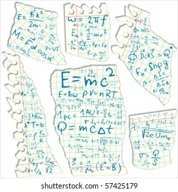Squared paper pieces with physical formulas - vector illustration