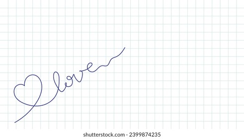 Squared paper sheet. Light grey square grid. Hand-drawn blue ink love sign and a heart shape. Horizontal background composition. Blank place for your text.