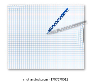 squared paper sheet and sketchy ballpoint pen. Original template for daily notes. Reminder, design element. Realistic vector