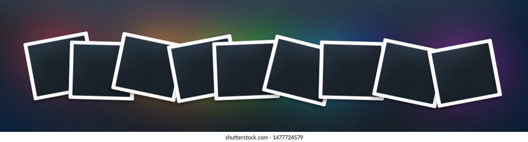 Squared photo frames garland mockup  . Realistic empty foto templates on dark background with  colorful glowing shadow