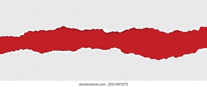 Squared pieces of paper with torn edges and soft shadow are on red background for text or ad.