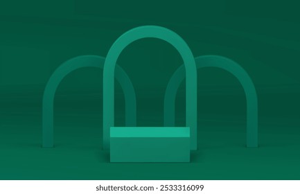 Fondo cuadrado de la pared del arco verde del pedestal del podio para mostrar la Ilustración vectorial realista. Etapa estética minimalista con maqueta de fondo de Formas geométricas abstractas para publicidad comercial de productos