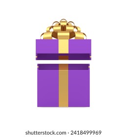 Squared purple gift box with open lid and luxury golden bow holiday surprise 3d icon realistic vector illustration. Violet premium wrapped package for festive present prize birthday congratulations