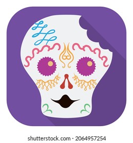 Squared and rounded sign with delicious and surprised sugar skull half bitten, decorated to celebrate the Mexican Day of the Dead.