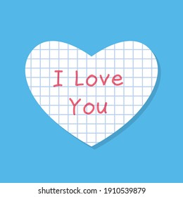 Squared sheet paper heart shape frame vector template. I love you Valentines day greeting card gift design.