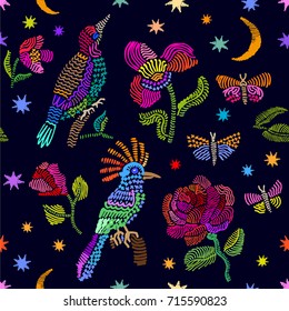 Squared silk scarf with embroidered birds. Seamless vector pattern with colorful flowers, butterflies and stars on black background. Folk art textile collection.