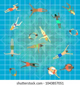 Squared swimming pool top view. Group of people of different age, gender and nationalities swimming in sport center.  Summer water activities.  Template for cards, covers, textile design.