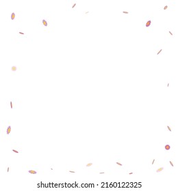Squared template with daisy flowers scattered around it like confetti, over white background.