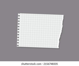 Squared torn paper piece from notebook, realistic vector illustration isolated on gray background. Ripped sheet from notepad. Blank paper for memos and notes.