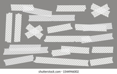 Squared white different size adhesive, sticky, masking, tape, paper pieces are on dark gray background