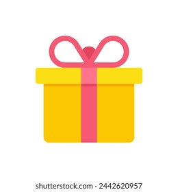 Squared yellow wrapped gift box tied by red bow ribbon festive congratulations vector flat illustration. Cube bright cardboard with desired present for holiday congrats birthday, Christmas isolated