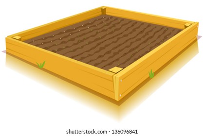 Square-Foot Gardening/ Illustration of a cartoon square kitchen garden made of wood frame and nails, with young seeds or leaves of flowers and vegetables