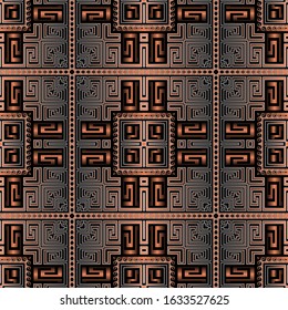 Squares 3d greek vector seamless pattern. Ornamental tartan background. Repeat abstract surface backdrop. Greek key meanders plaid ornaments. Modern decorative geometry design. Grunge texture.