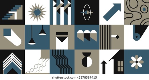 Quadrate mit abstrakten Drucke und Zeichnungen, geometrische Formen in Gittern. Mit Pfeil zeigt Richtung, Lampen, Sonnenschein und Haus. Minimalistische Blume und Treppenlinie Kunst. Vektorgrafik im Flachstil