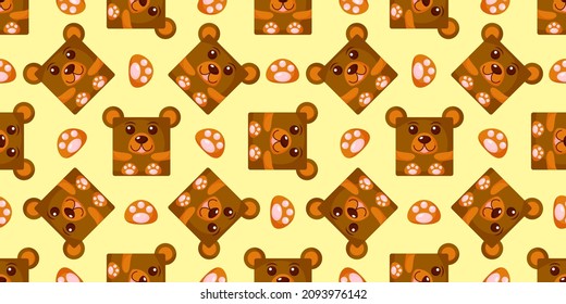 Squares bear Seamless pattern. Vector Background with the faces of bear. Template for the packaging, baby textile