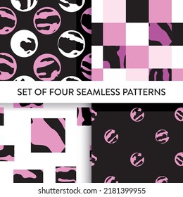 Cuadrados, círculos rotos, patrón sin fisuras establecido en colores rosa, negro y blanco. Ilustración vectorial. Patrón geométrico con colección de formas abstractas para textil, moda, papel tapiz, cubierta. 