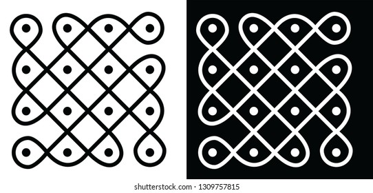 Squares, Circles and 4X4 Dots - Indian Traditional and Cultural Rangoli, Alpona, Kolam or Paisley Vector Line art with Dark and White Background