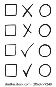 Squares, circles, check marks, crosses. To do list blank template in doodle style. Clipart for daily planning, diary, memo. Hand drawn vector design element. Black contour drawing isolated on white.