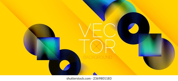 Squares and circles design. Fluid color gradients with metallic effects. Serene synergy of shapes, merging squares and circles into harmonious, captivating design