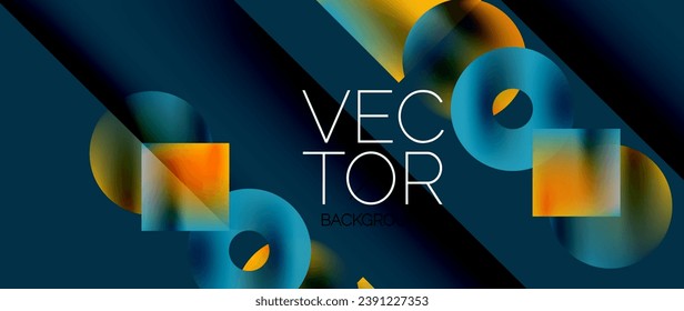 Squares and circles design. Fluid color gradients with metallic effects. Serene synergy of shapes, merging squares and circles into harmonious, captivating design