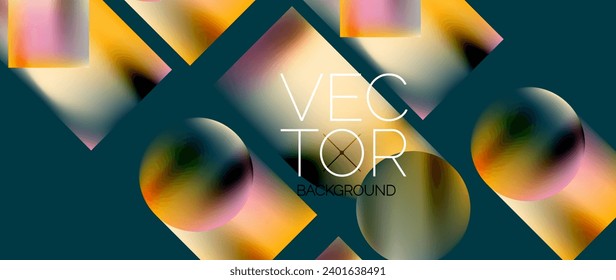 Squares and circles design. Fluid color gradients with metallic effects. Serene synergy of shapes, merging squares and circles into harmonious, captivating design