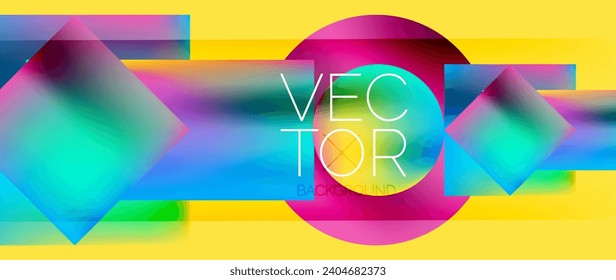 Squares and circles design. Fluid color gradients with metallic effects. Serene synergy of shapes, merging squares and circles into harmonious, captivating design