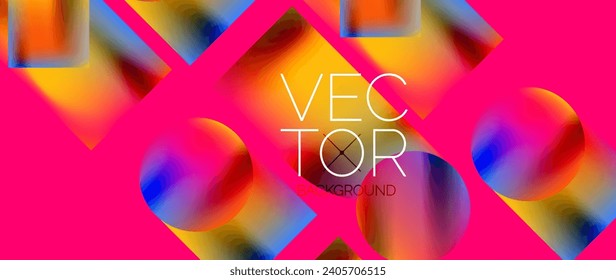 Squares and circles design. Fluid color gradients with metallic effects. Serene synergy of shapes, merging squares and circles into harmonious, captivating design