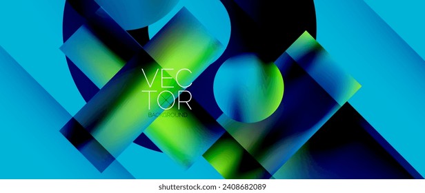 Squares and circles design. Fluid color gradients with metallic effects. Serene synergy of shapes, merging squares and circles into harmonious, captivating design