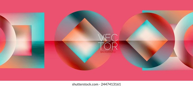 Squares and circles design. Fluid color gradients with metallic effects. Serene synergy of shapes, merging squares and circles into harmonious, captivating design