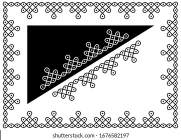 Squares, Circles and Dots - Indian Traditional and Cultural Border Design concept of Rangoli Vector line art with black and white background