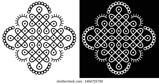 Squares, Circles, Dots and Surrounded lines - Indian Traditional and Cultural Rangoli, Alpona,  Kolam or Paisley vector line art with dark and white background