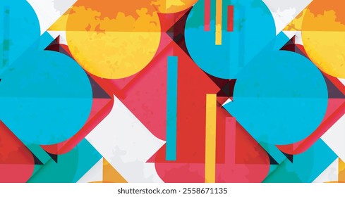 Squares, circles and triangles and grainy noisy texture. Vector Illustration For Wallpaper, Banner, Background, Card, Book Illustration, landing page