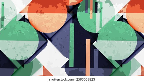 Squares, circles and triangles and grainy noisy texture. Vector Illustration For Wallpaper, Banner, Background, Card, Book Illustration, landing page