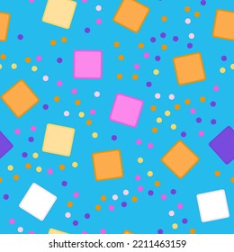 Cuadrados y confeti, patrón sin fisuras, fondo colorido brillante. Festival, carnaval o evento de vacaciones, patrón para textiles, portada de cuaderno, fondo de pantalla. Formas caóticas geométricas. Ilustración vectorial.