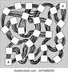 The squares are connected to each other using black wires. Behind all the objects is a background of dots.