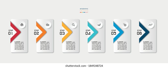 Squares covered with labels by vector 6 steps work process and present idea. infographic design.