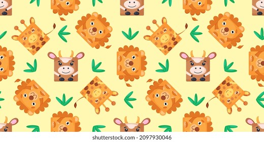 Squares cow, lion, giraffe Seamless pattern. Vector Background with the faces of cow, lion, giraffe. Template for the packaging, baby textile