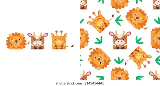 Squares cow, lion, giraffe Seamless pattern. Vector Background with the faces of cow, lion, giraffe. Template for the packaging, baby textile. Vector illustration