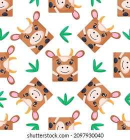 Squares cow Seamless pattern. Vector Background with the faces of cow. Template for the packaging, baby textile