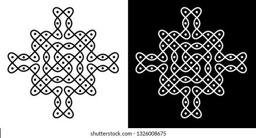 squares, curved lines and dots - Indian Traditional and cultural Rangoli, Alpona, Kolam or Paisley Vector line art with dark and white background