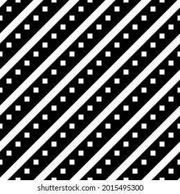 Squares diagonal and stripes. Vector white diagonal ornament and black background.