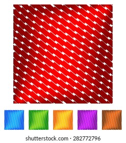 Squares with diagonal wavy, zigzag stripes cut in them. Red, blue, yellow, purple and brown colors included. Vector.